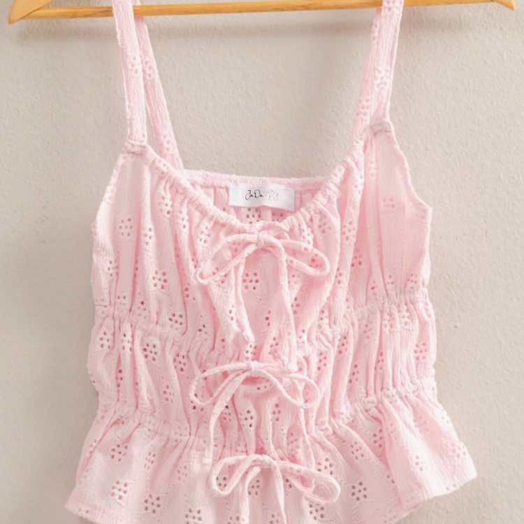 Eyelet Knit Ruched Sleeveless Tank Top