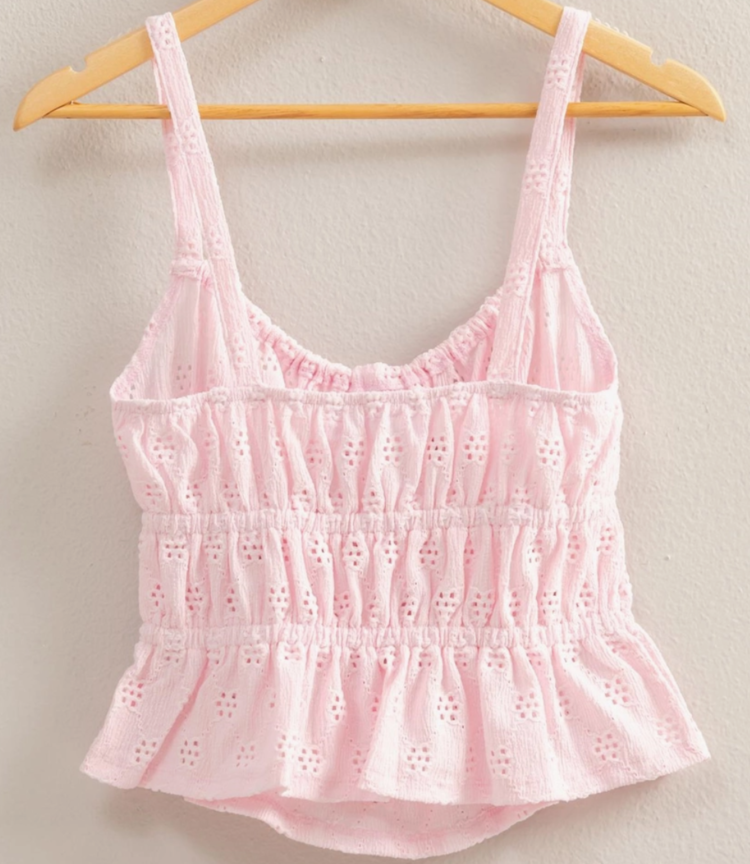 Eyelet Knit Ruched Sleeveless Tank Top