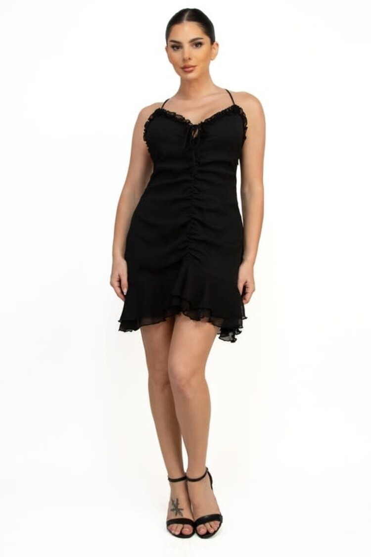 Front Shirring Ruffled Mini Dress