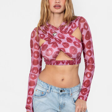Printed Long Sleeve Mesh Crop Top