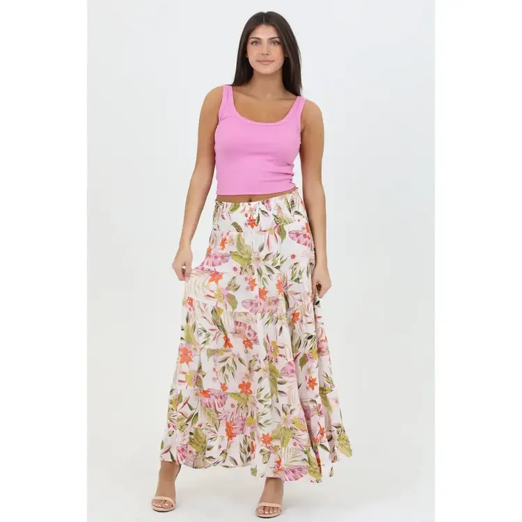 Tropical Print Tiered Maxi Skirt