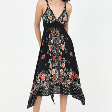 V Neck Hanky Hem Midi Dress