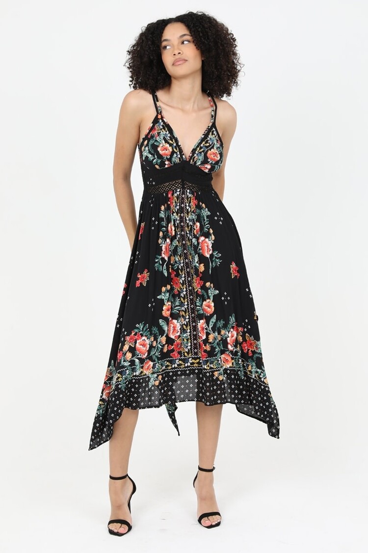 V Neck Hanky Hem Midi Dress