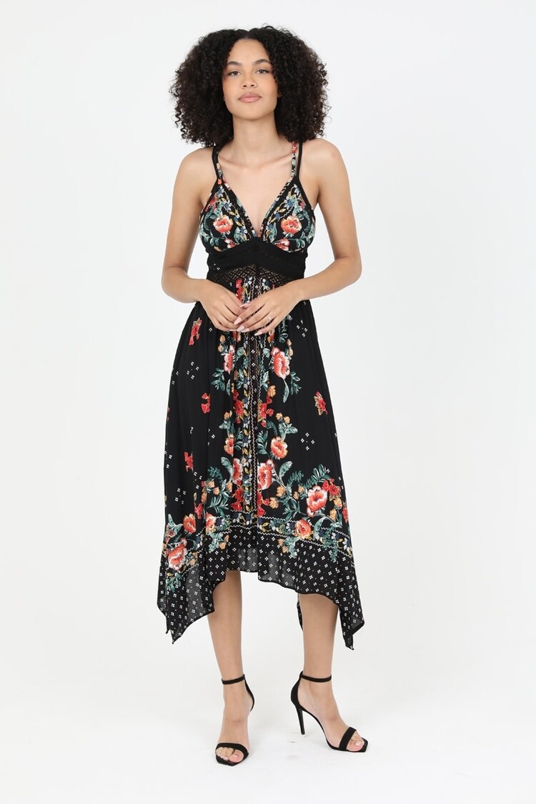 V Neck Hanky Hem Midi Dress