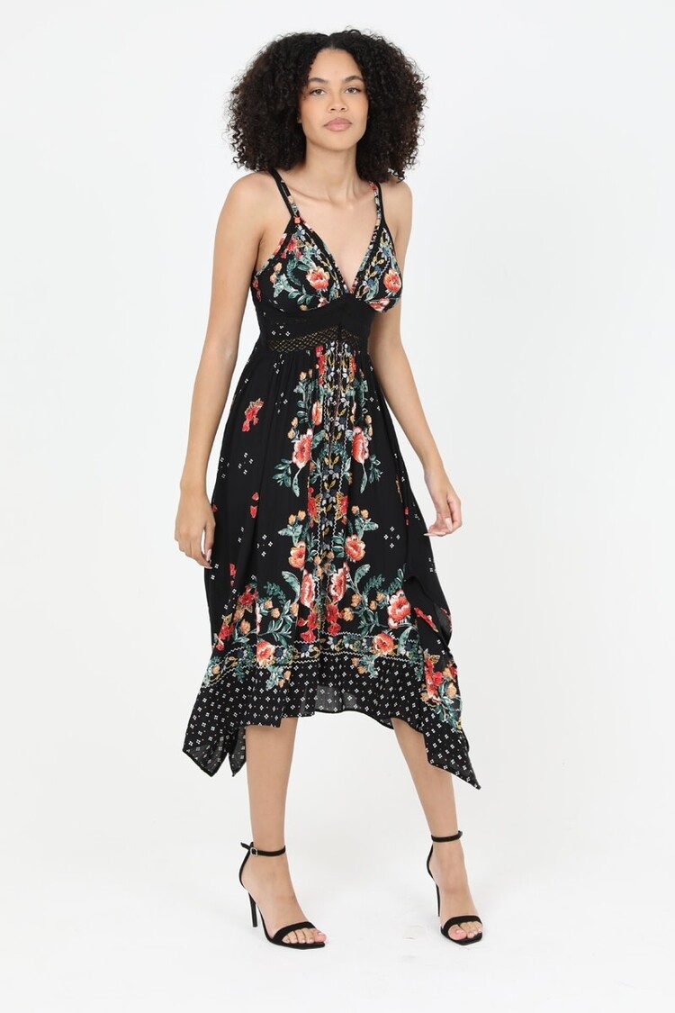 V Neck Hanky Hem Midi Dress