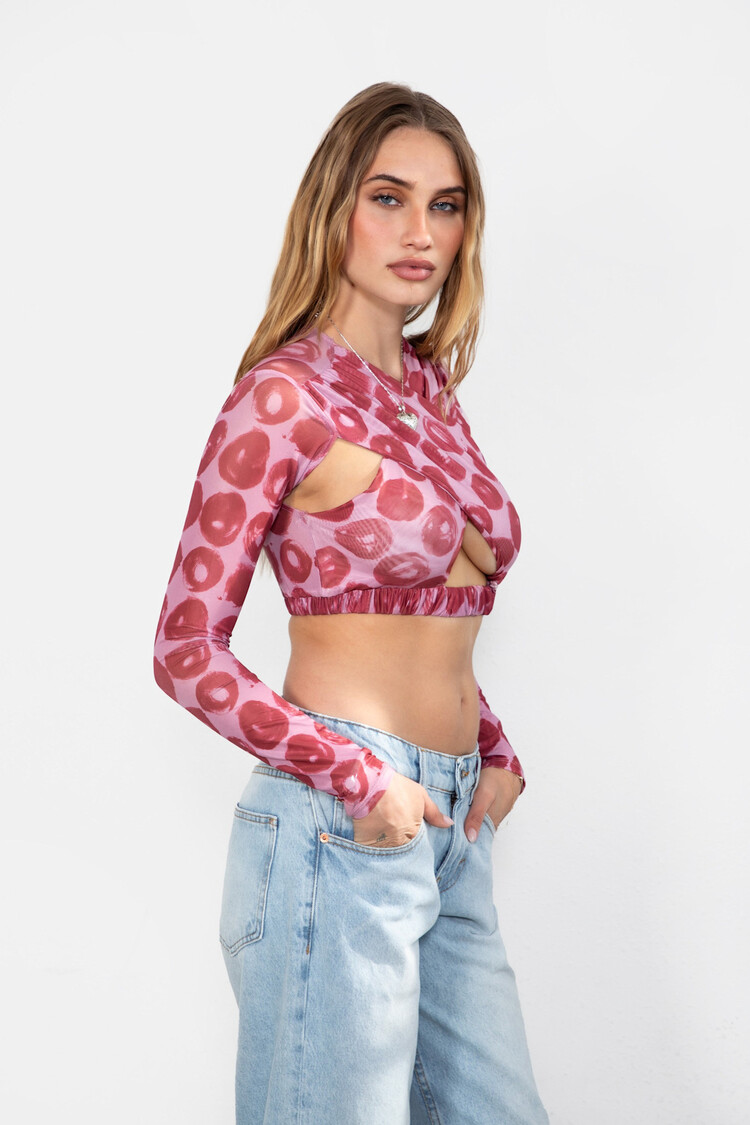 Printed Long Sleeve Mesh Crop Top