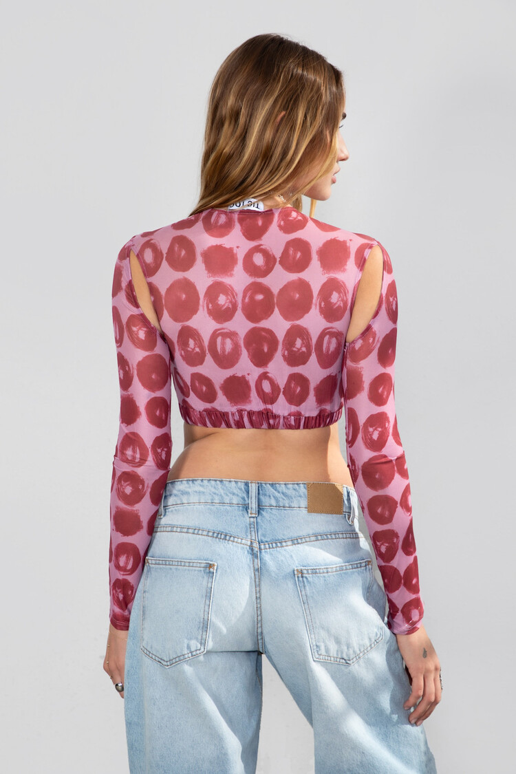 Printed Long Sleeve Mesh Crop Top