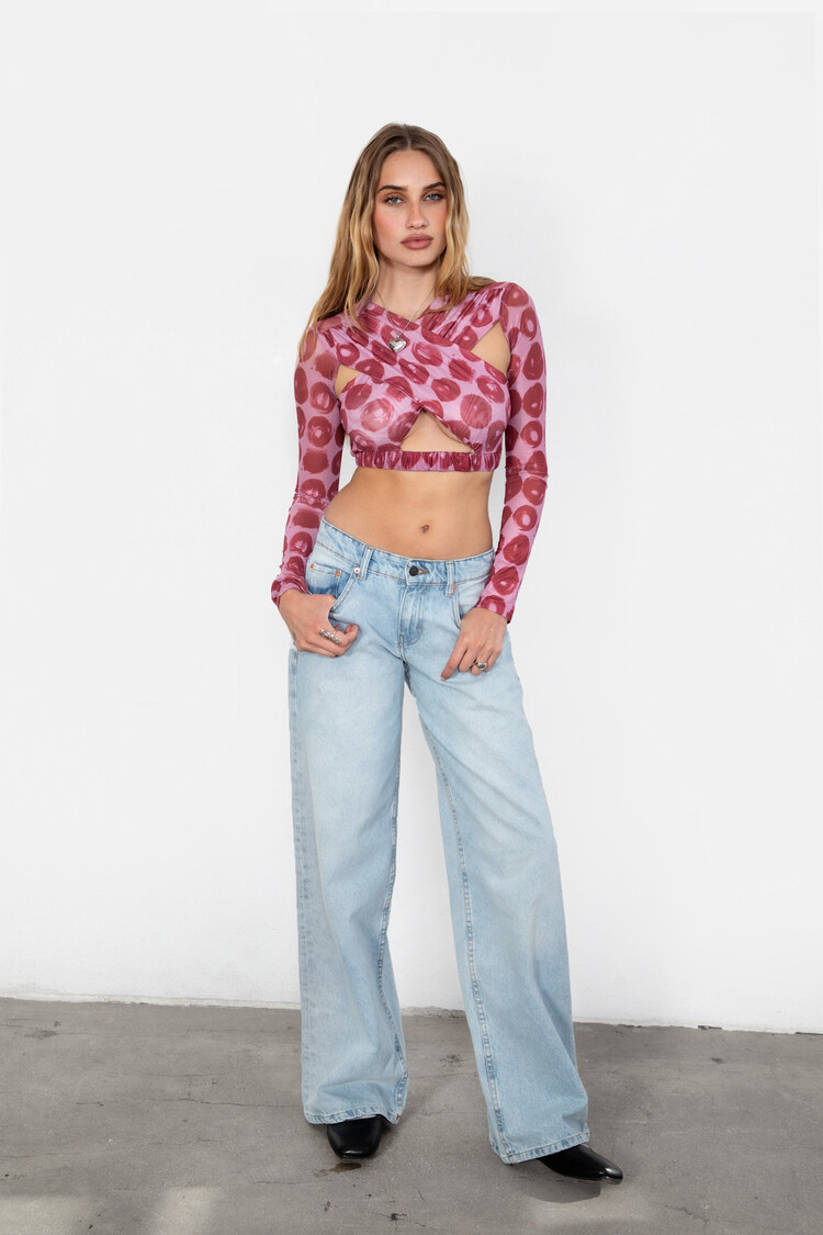 Printed Long Sleeve Mesh Crop Top