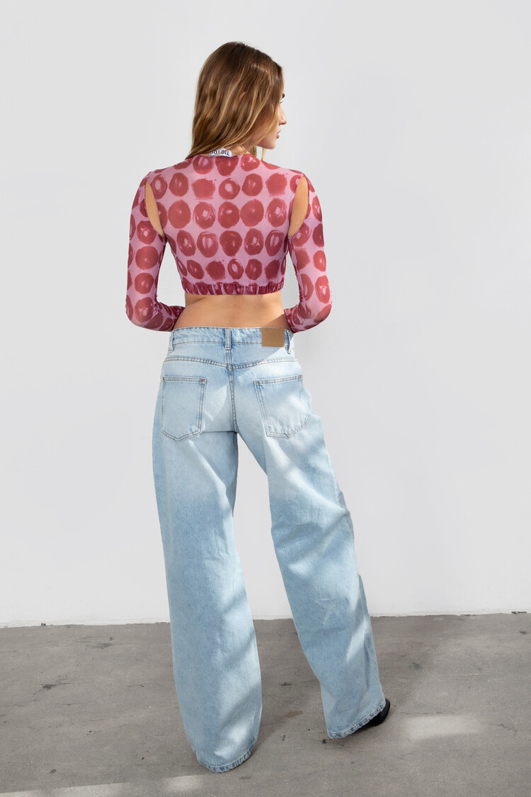 Printed Long Sleeve Mesh Crop Top