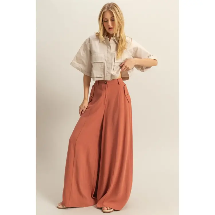 Linen Blend High Waist Flowy Pants