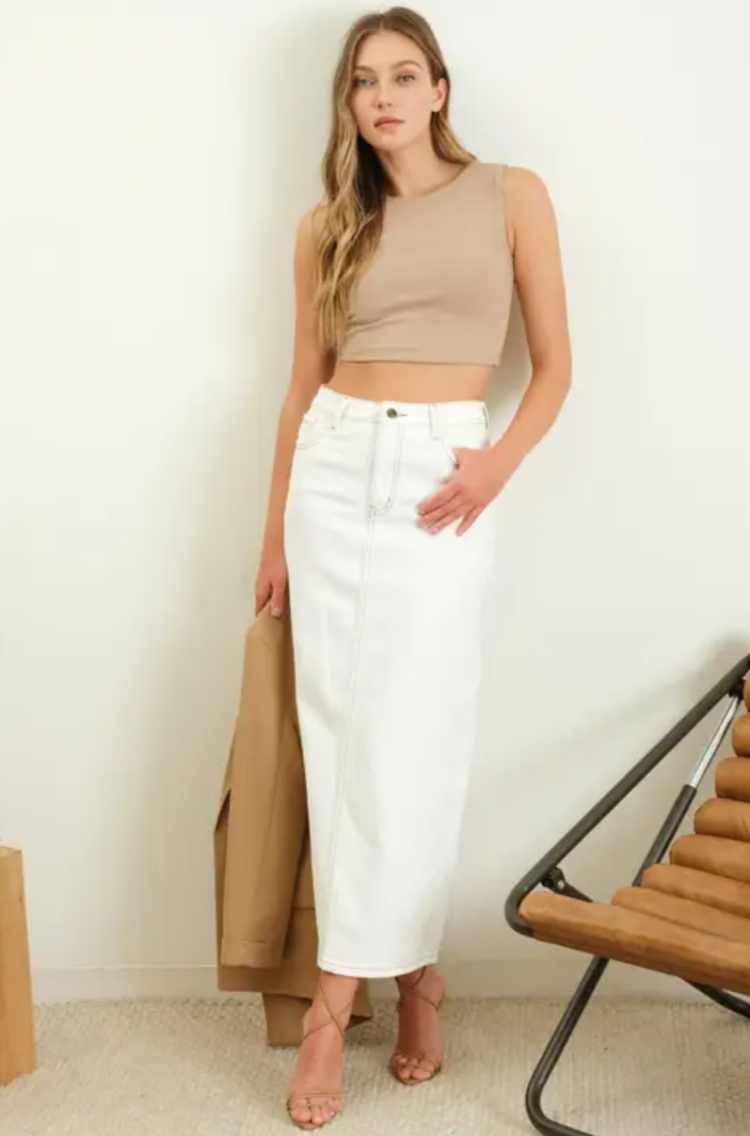 Back Slit Denim Midi Skirt