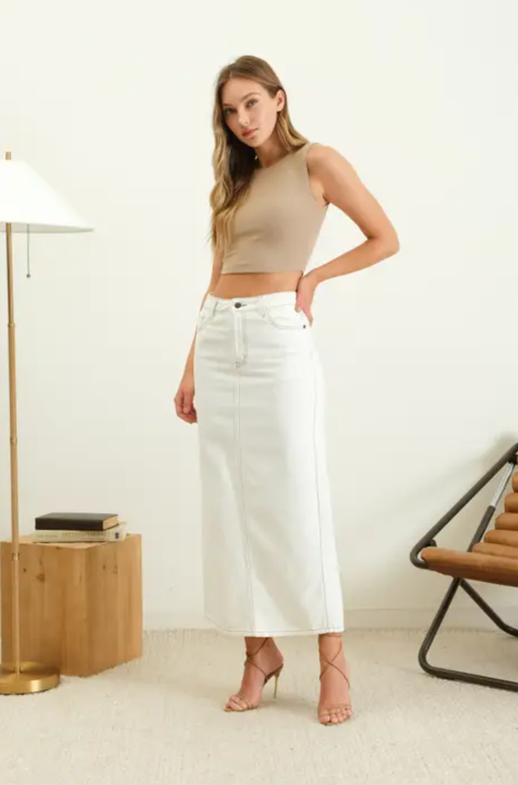 Back Slit Denim Midi Skirt