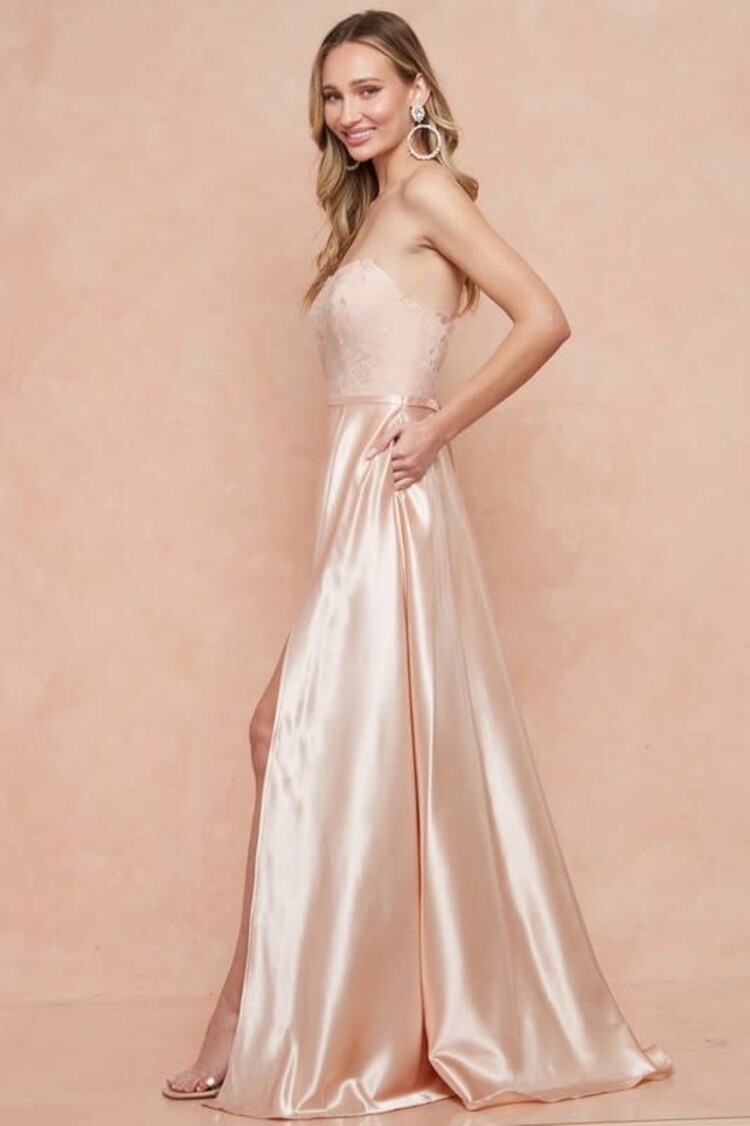 Maniju Strapless Lace Top Slit Maxi Dress