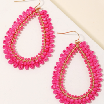 Beaded Teardrop Cutout Hook Earrings Hot Pink Gold