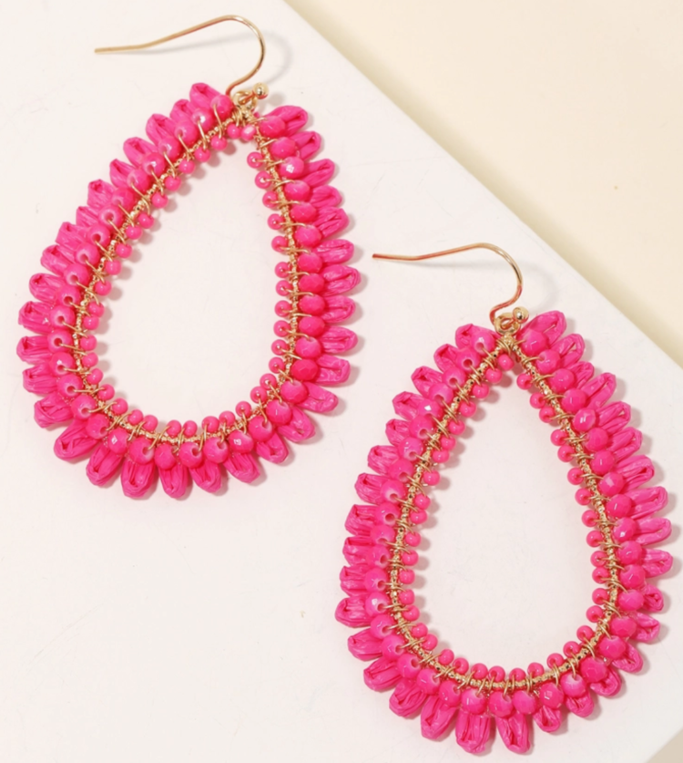 Beaded Teardrop Cutout Hook Earrings Hot Pink Gold