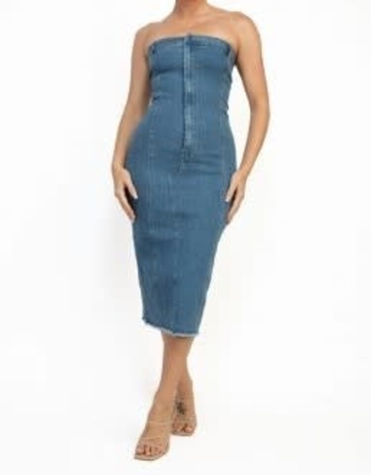 Strapless Denim Midi Dress