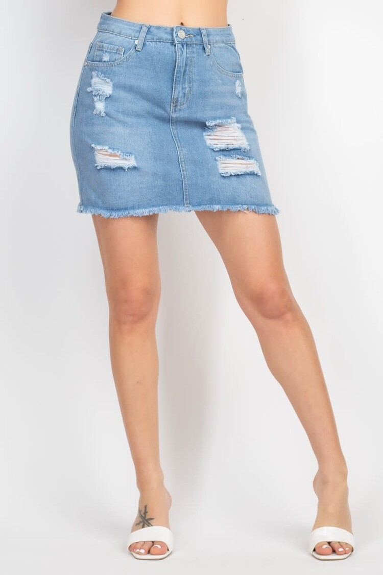 Distressed Mid-rise Frayed Denim Skirt