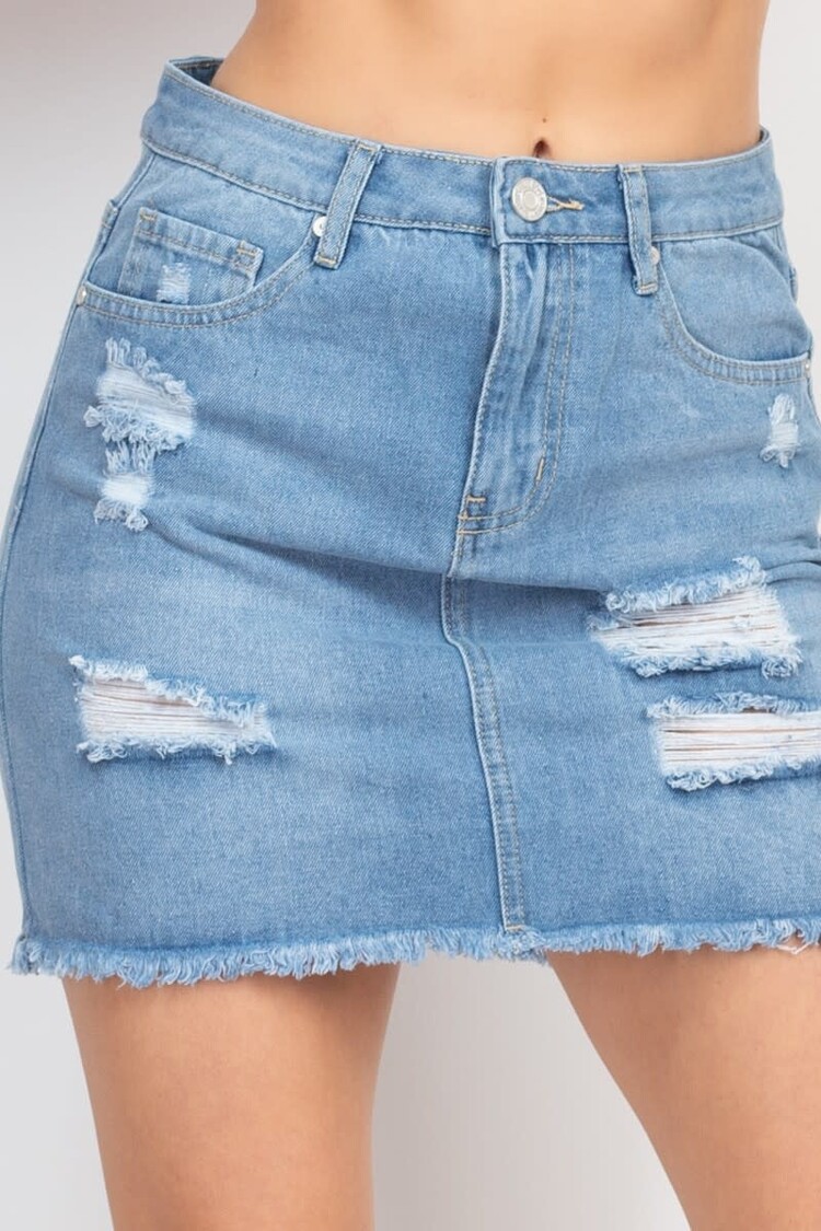 Distressed Mid-rise Frayed Denim Skirt