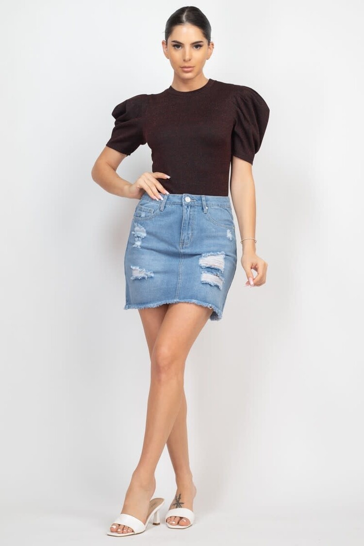 Distressed Mid-rise Frayed Denim Skirt