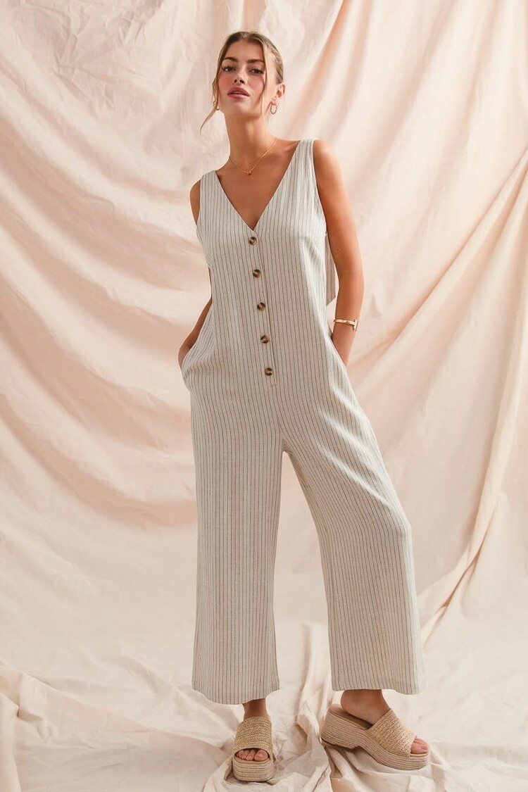 Linen Blend Button Front Jumpsuit