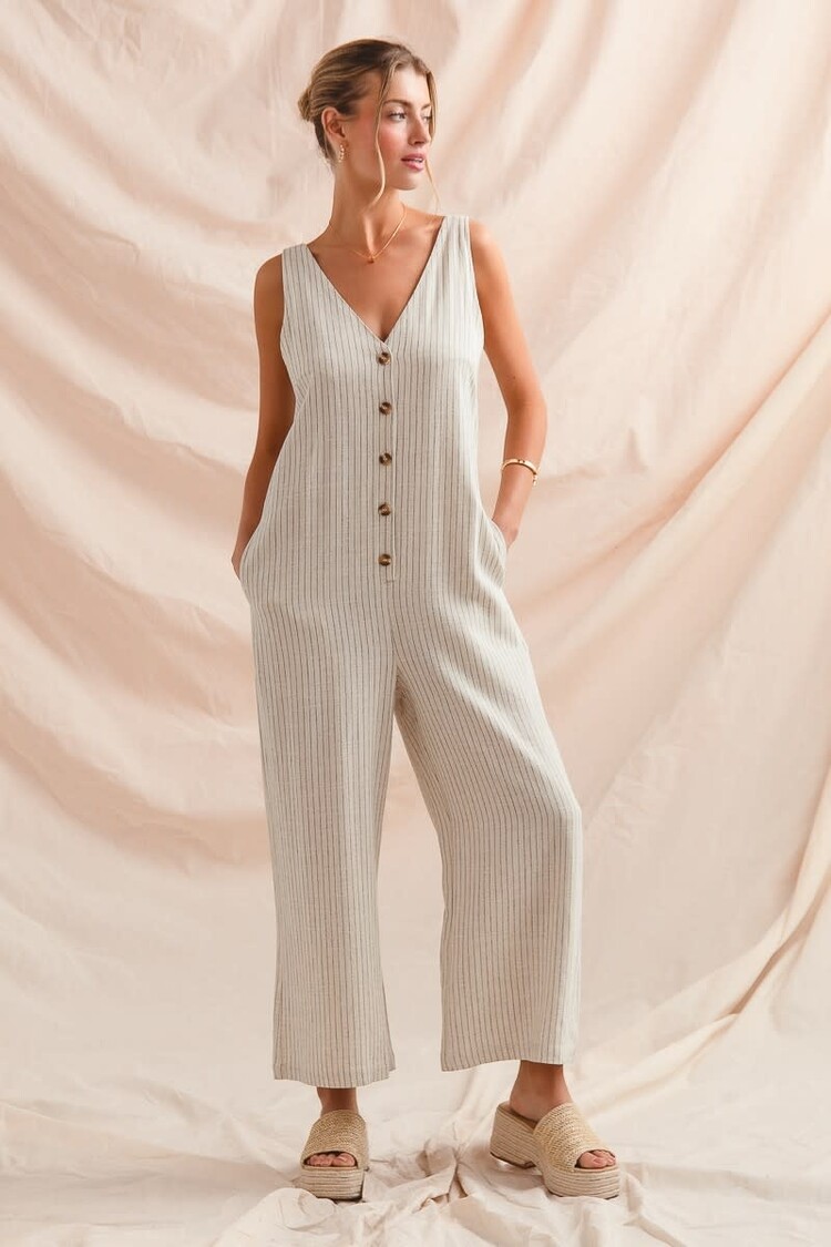 Linen Blend Button Front Jumpsuit