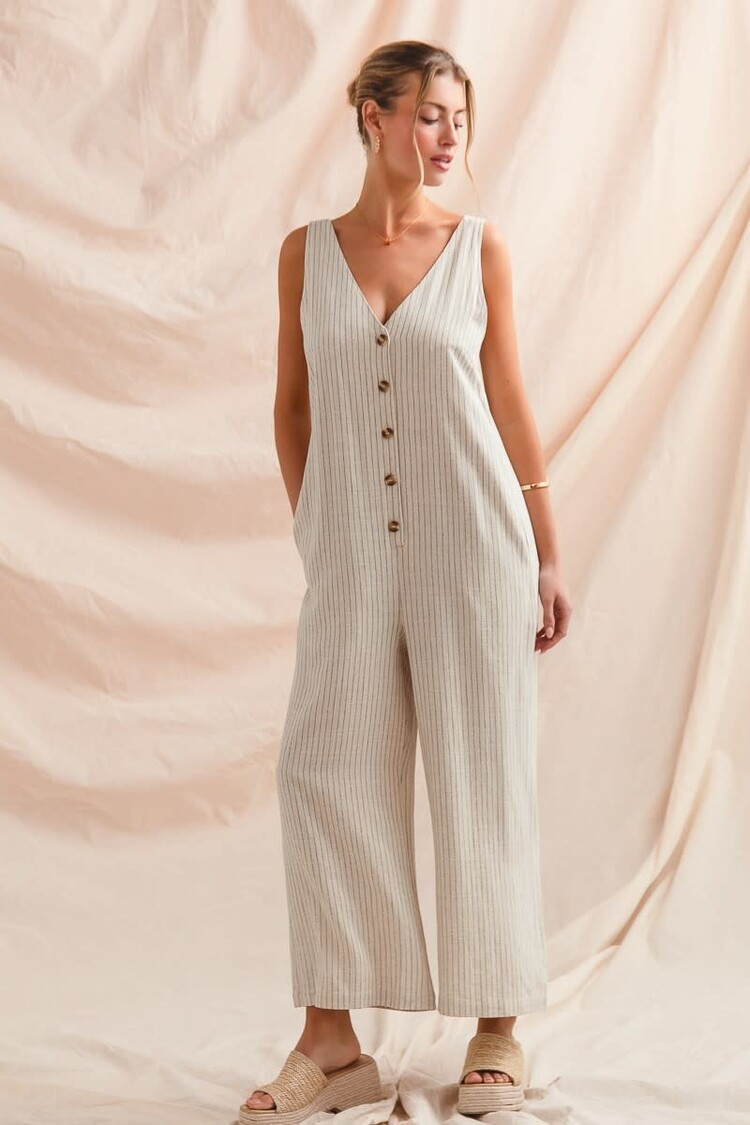 Linen Blend Button Front Jumpsuit