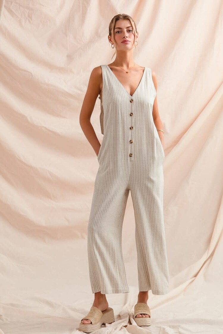 Linen Blend Button Front Jumpsuit
