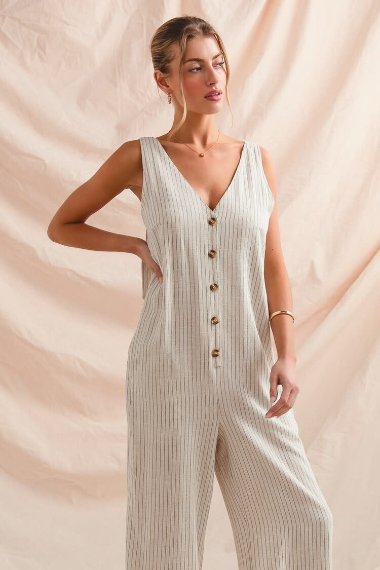 Linen Blend Button Front Jumpsuit