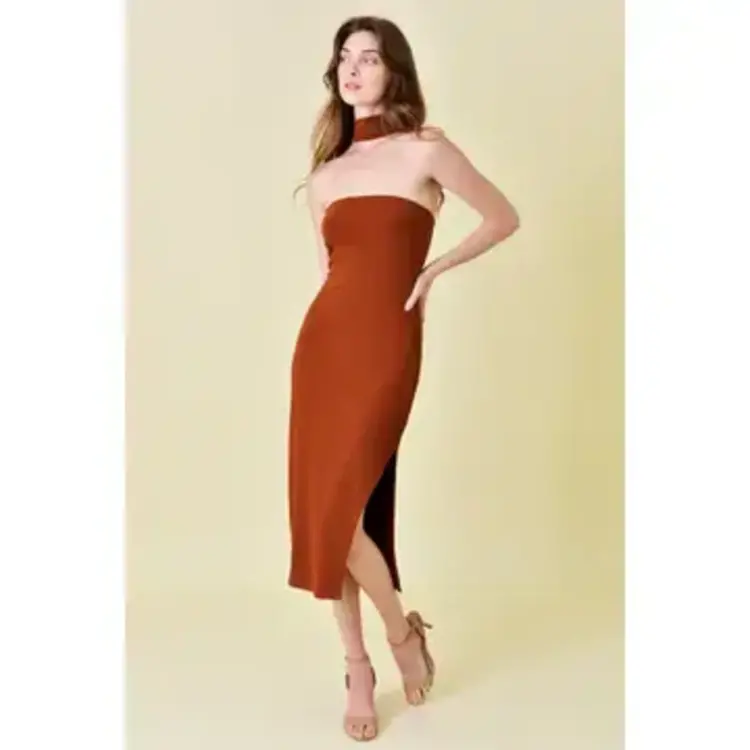 Mock Neck Dress w/ Slit Midi Dress