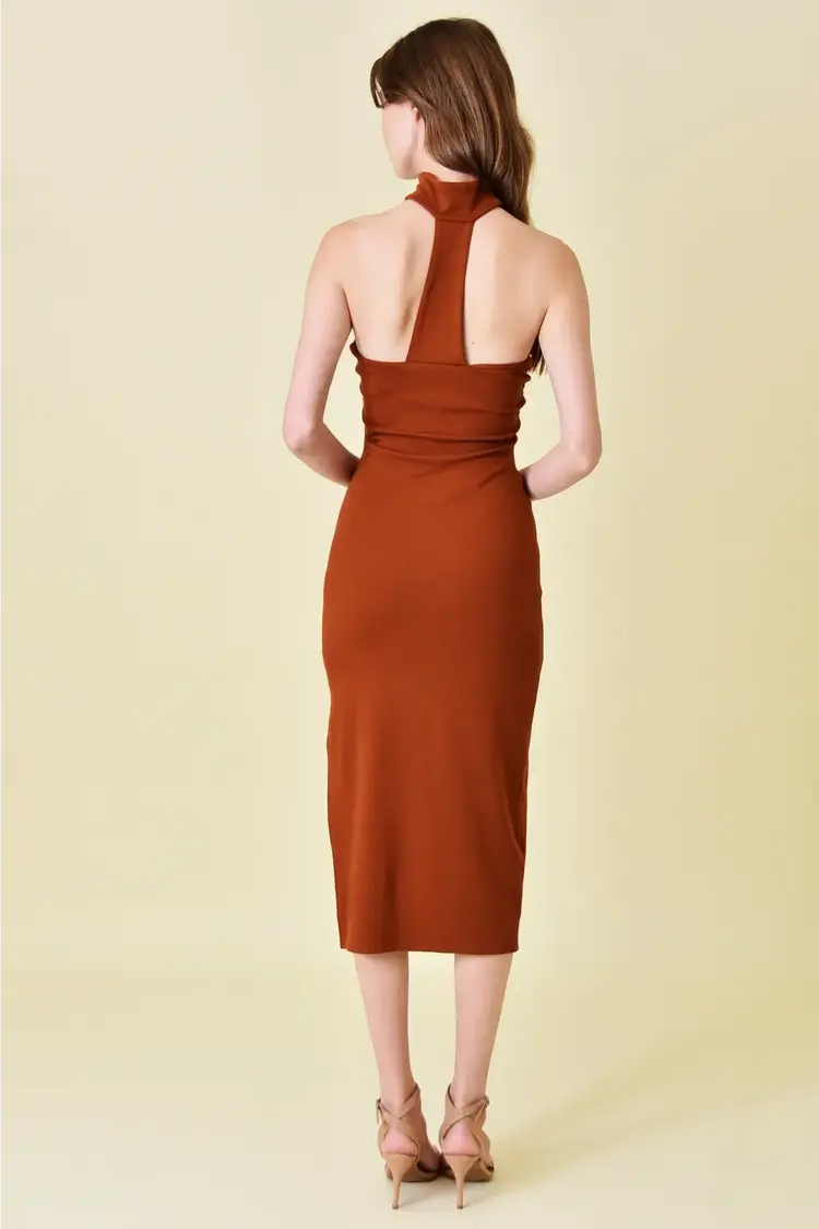 Mock Neck Dress w/ Slit Midi Dress