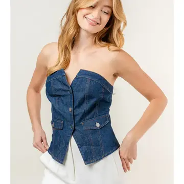 Strapless Button Denim Corset Top