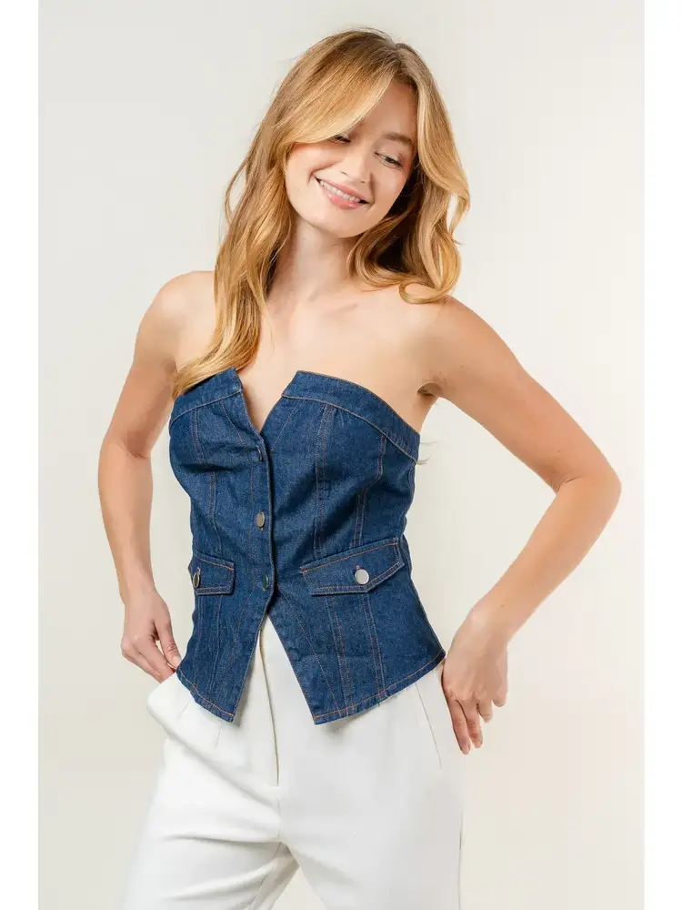 Strapless Button Denim Corset Top