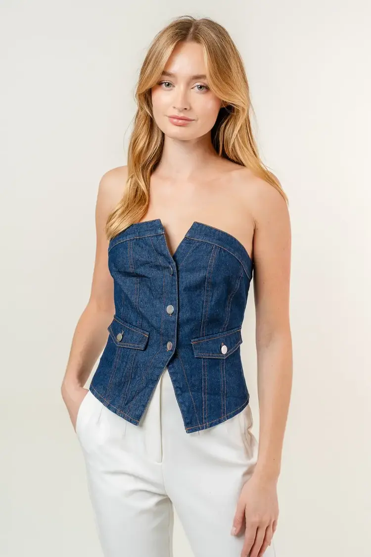Strapless Button Denim Corset Top