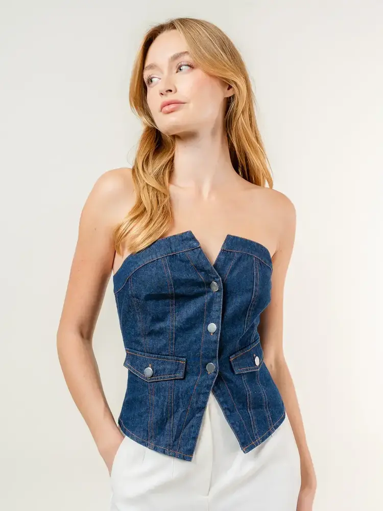 Strapless Button Denim Corset Top