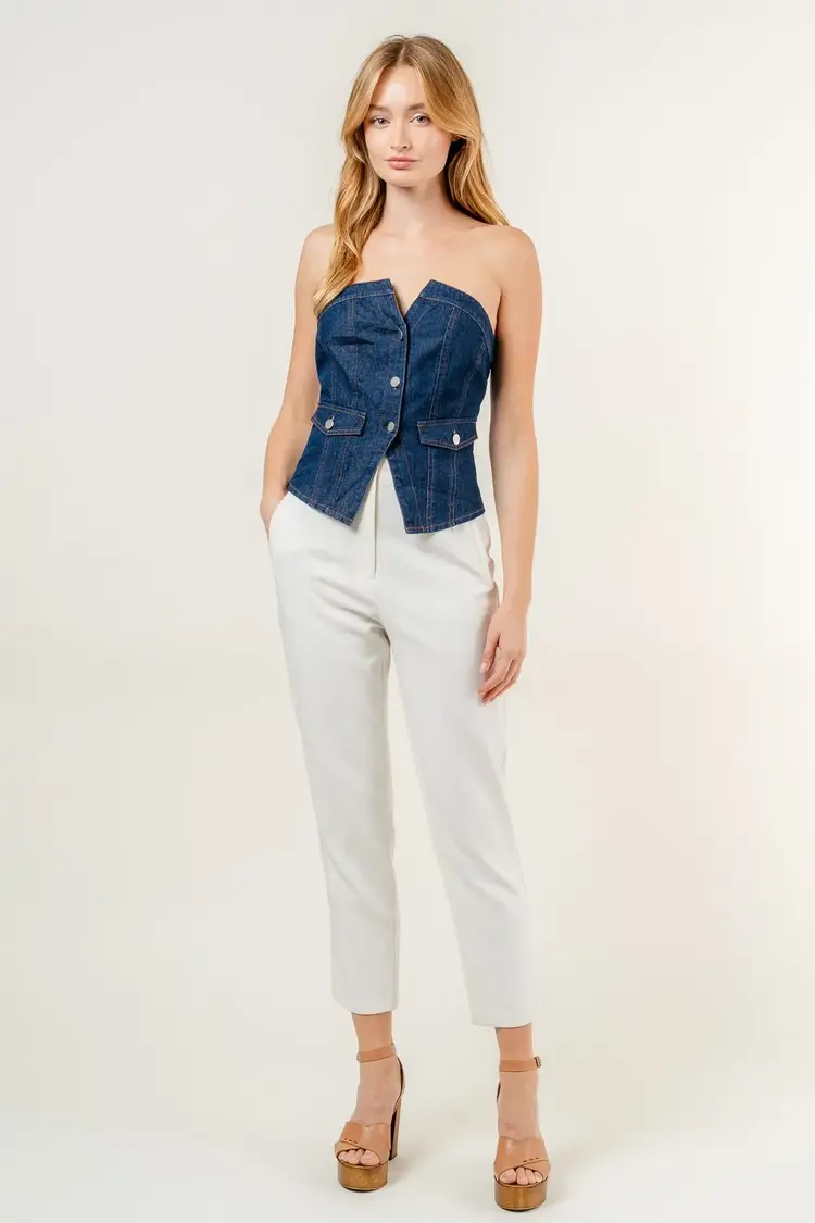 Strapless Button Denim Corset Top