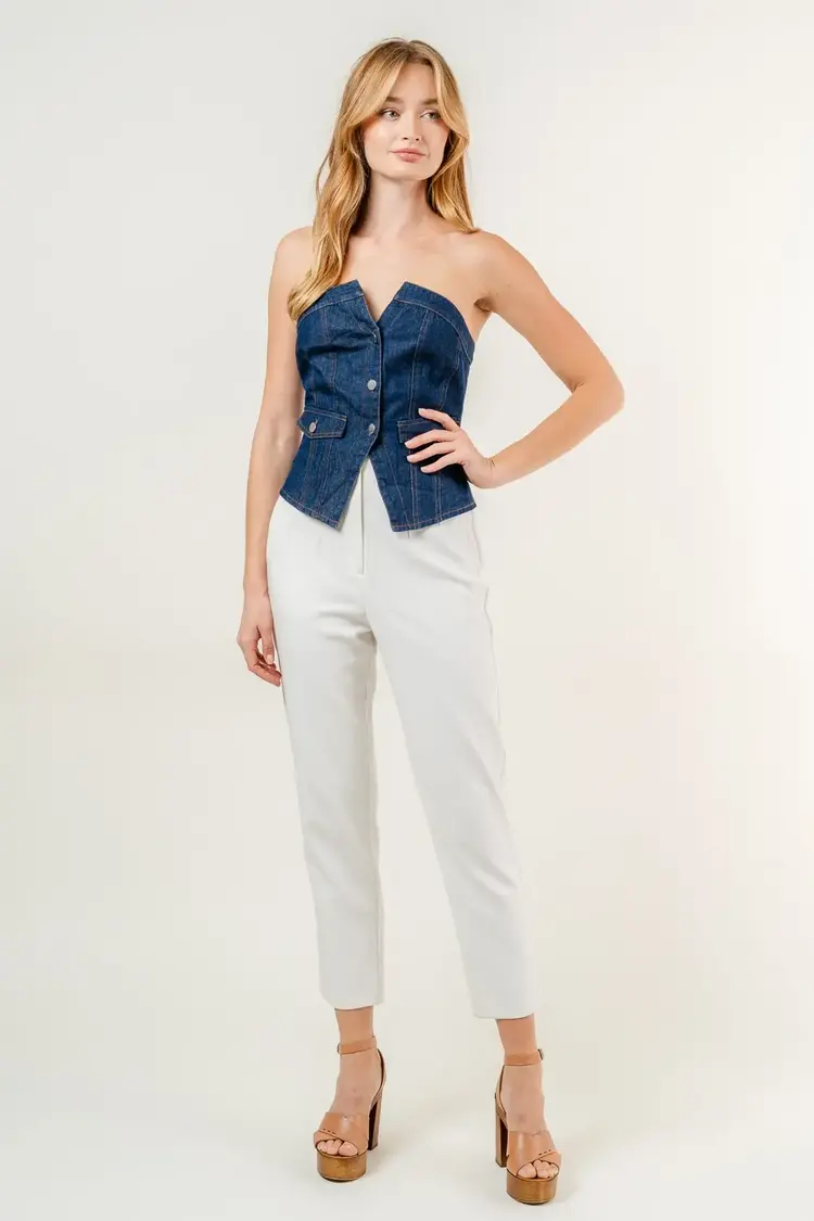 Strapless Button Denim Corset Top