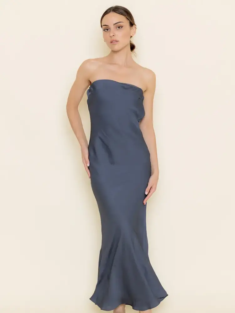Strapless Open Cowl Back Slip Maxi Dress