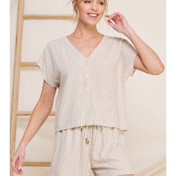 Pinstripe Linen Collarless Top