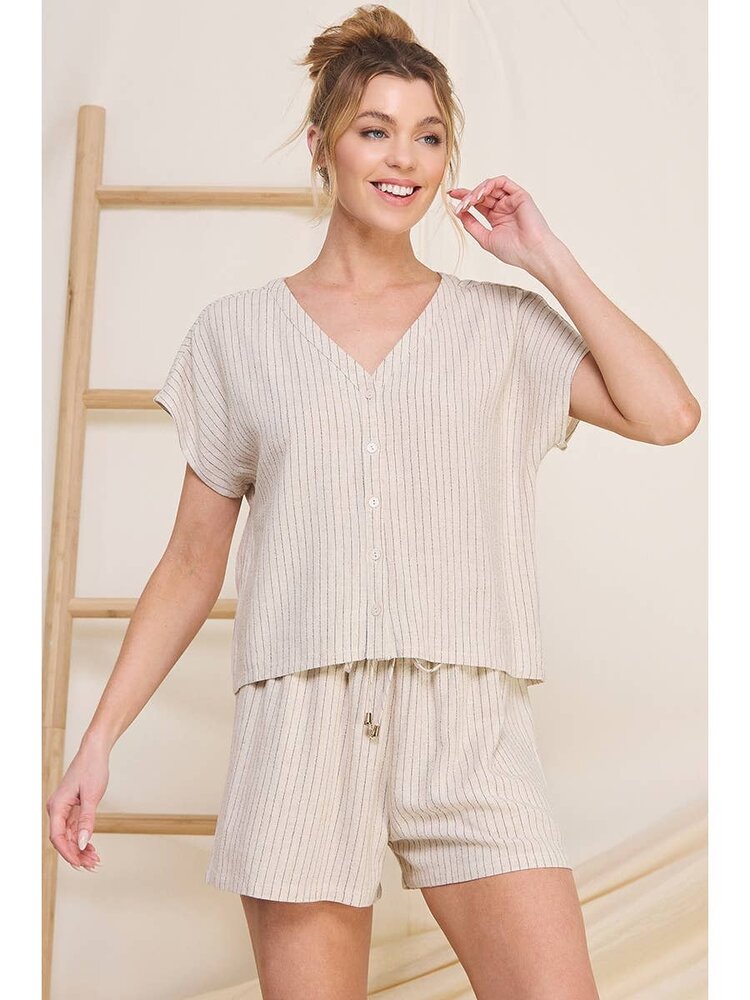 Pinstripe Linen Collarless Top