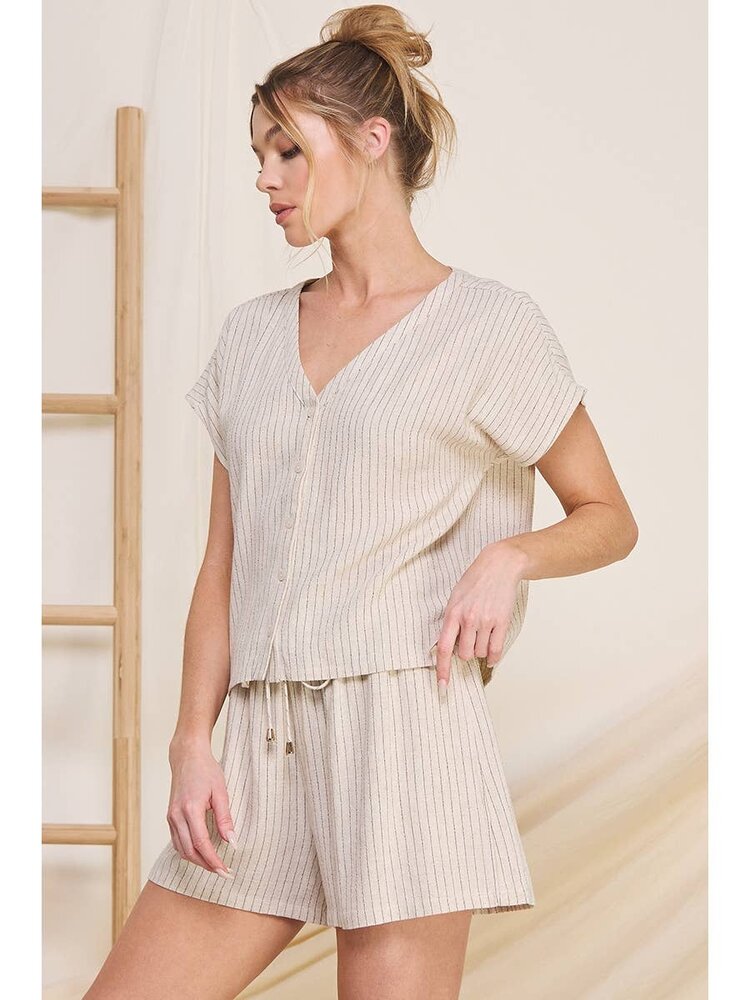 Pinstripe Linen Collarless Top