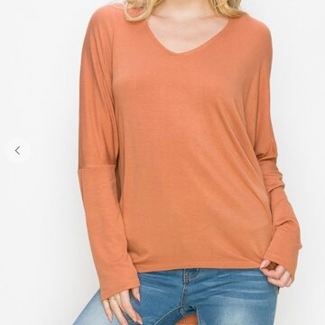 Solid Long Sleeve V-neck Dolman Top