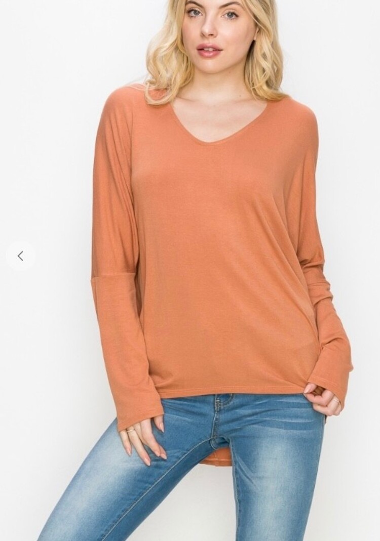 Solid Long Sleeve V-neck Dolman Top
