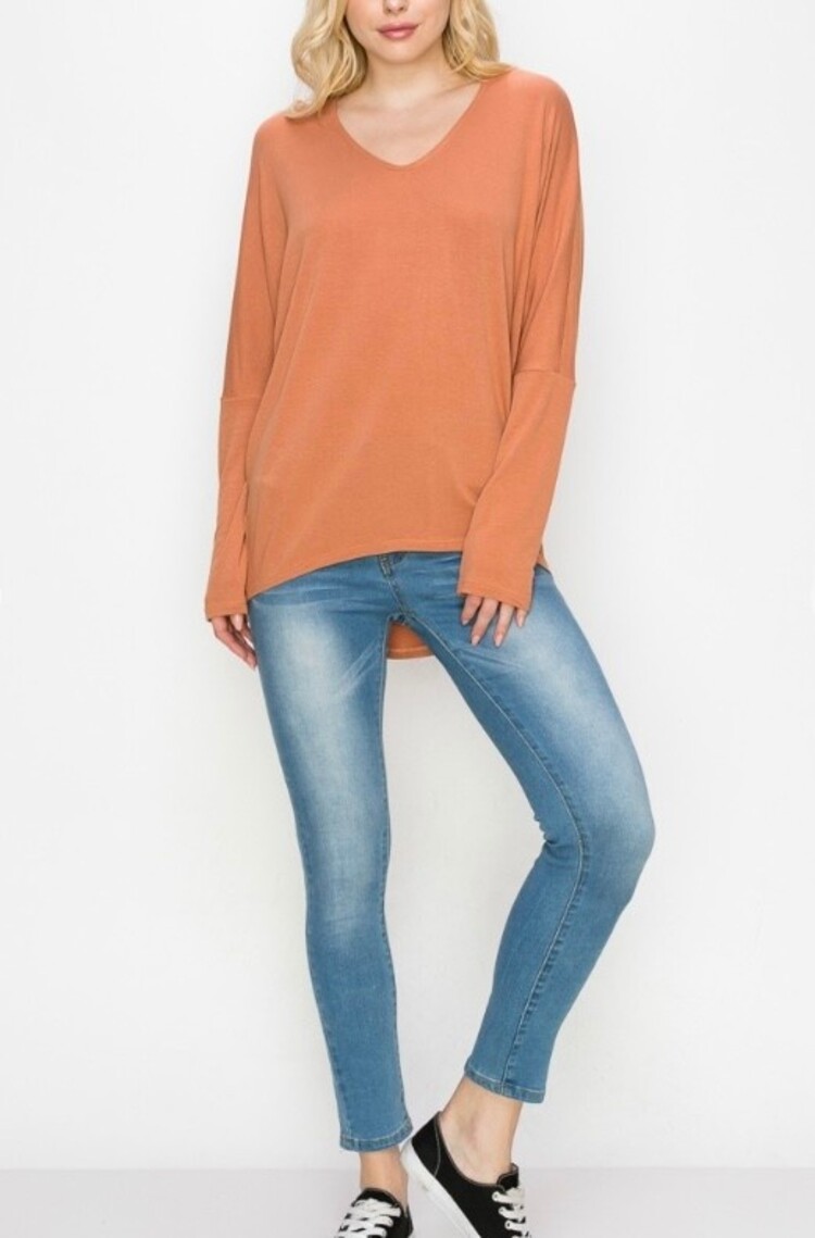 Solid Long Sleeve V-neck Dolman Top