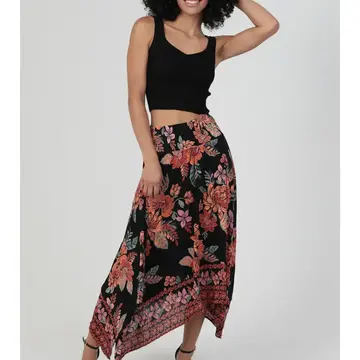 Smocked Waist Hanky Hem Maxi Skirt