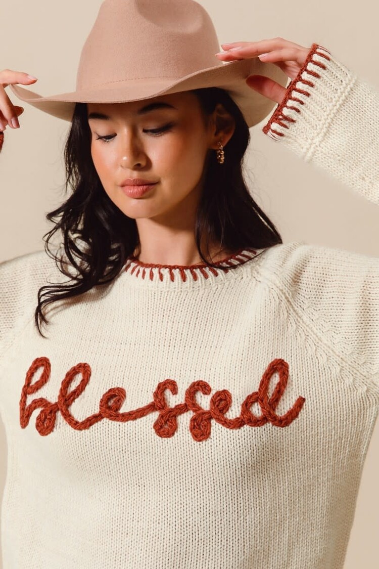 Blessed Lettering Sweater w/Stitching