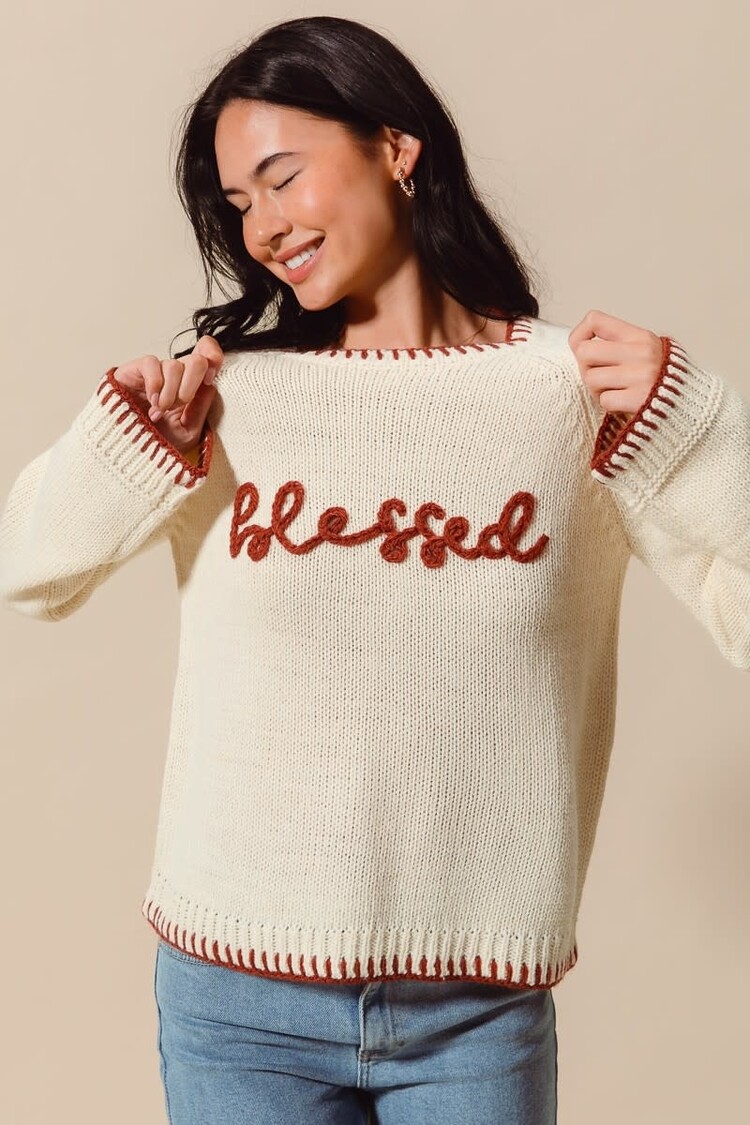 Blessed Lettering Sweater w/Stitching
