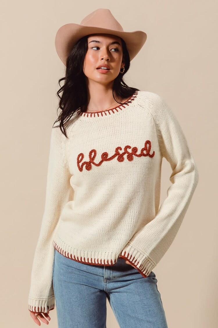 Blessed Lettering Sweater w/Stitching