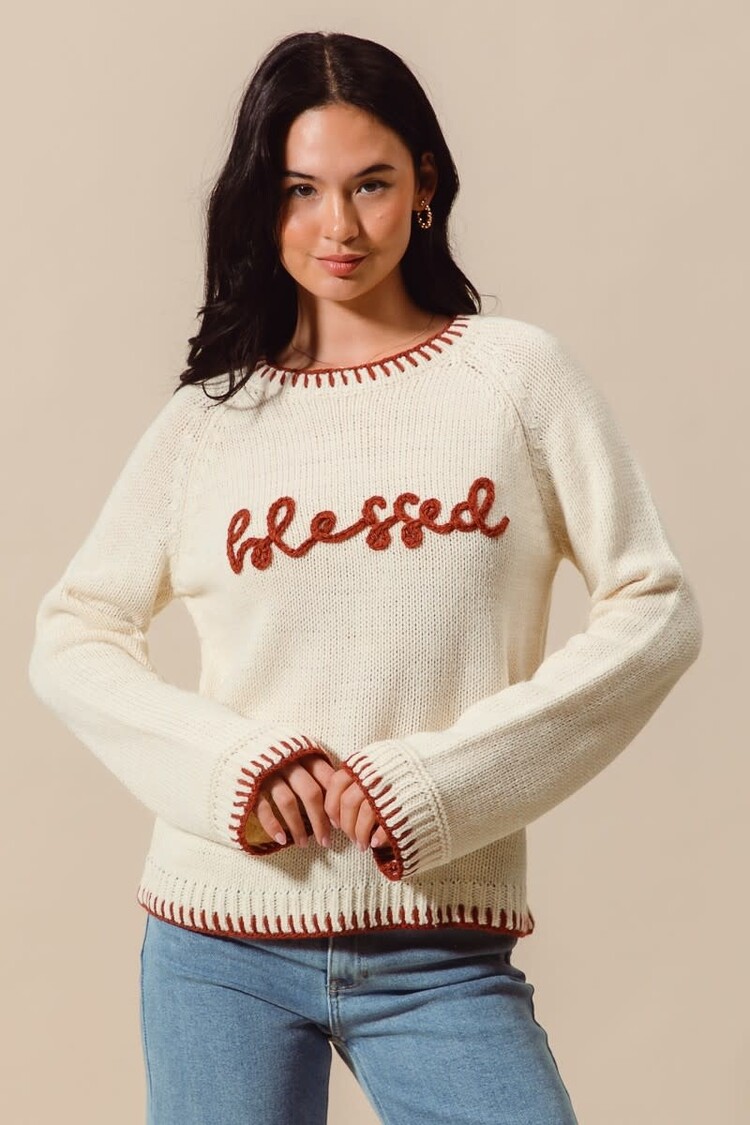 Blessed Lettering Sweater w/Stitching