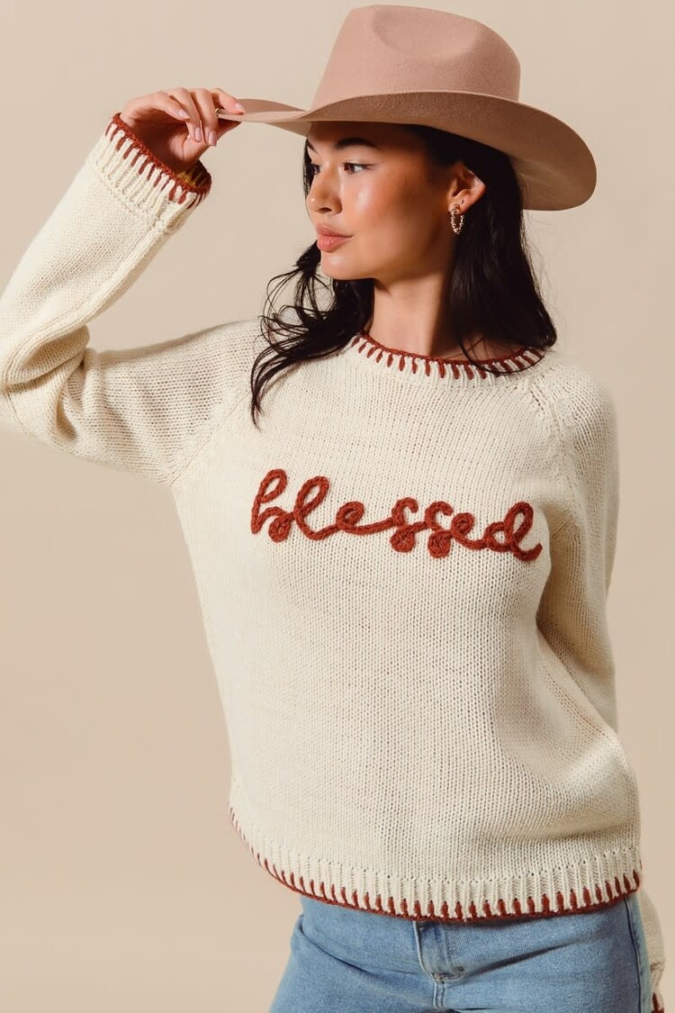 Blessed Lettering Sweater w/Stitching