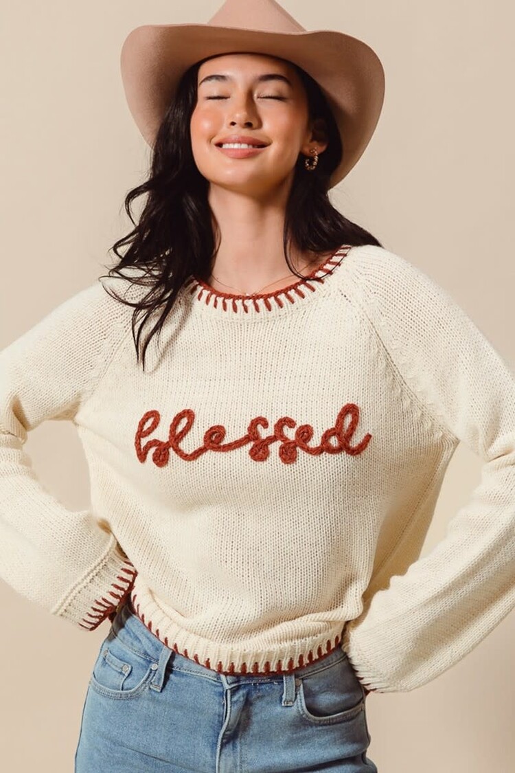 Blessed Lettering Sweater w/Stitching